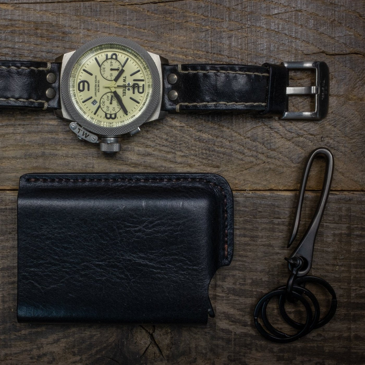 Duke and Sons black RFID protected wallet with bracelet and watch scene