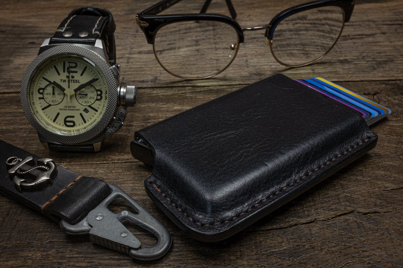 Duke and Sons black RFID protected wallet with glasses and watch scene