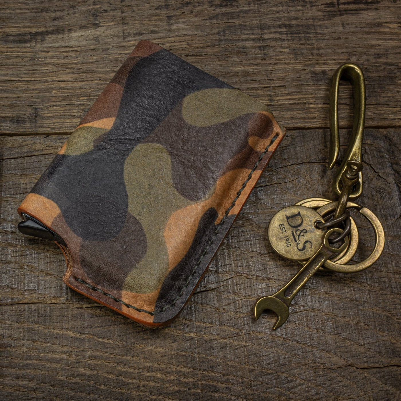 Card wallet, camo leather, RFID safe with aluminum insert with notebook and fishhook - Duke & Sons Leather