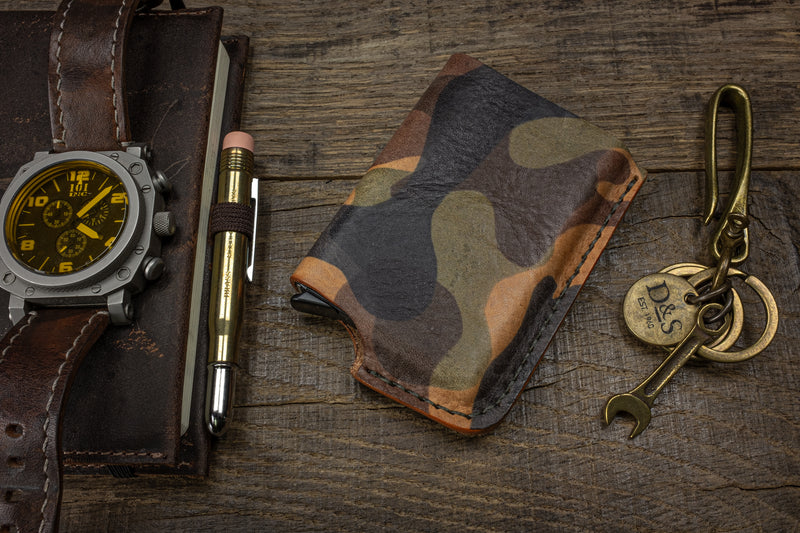 Card wallet, camo leather, RFID safe with aluminum insert with notebook and fishhook - Duke & Sons Leather