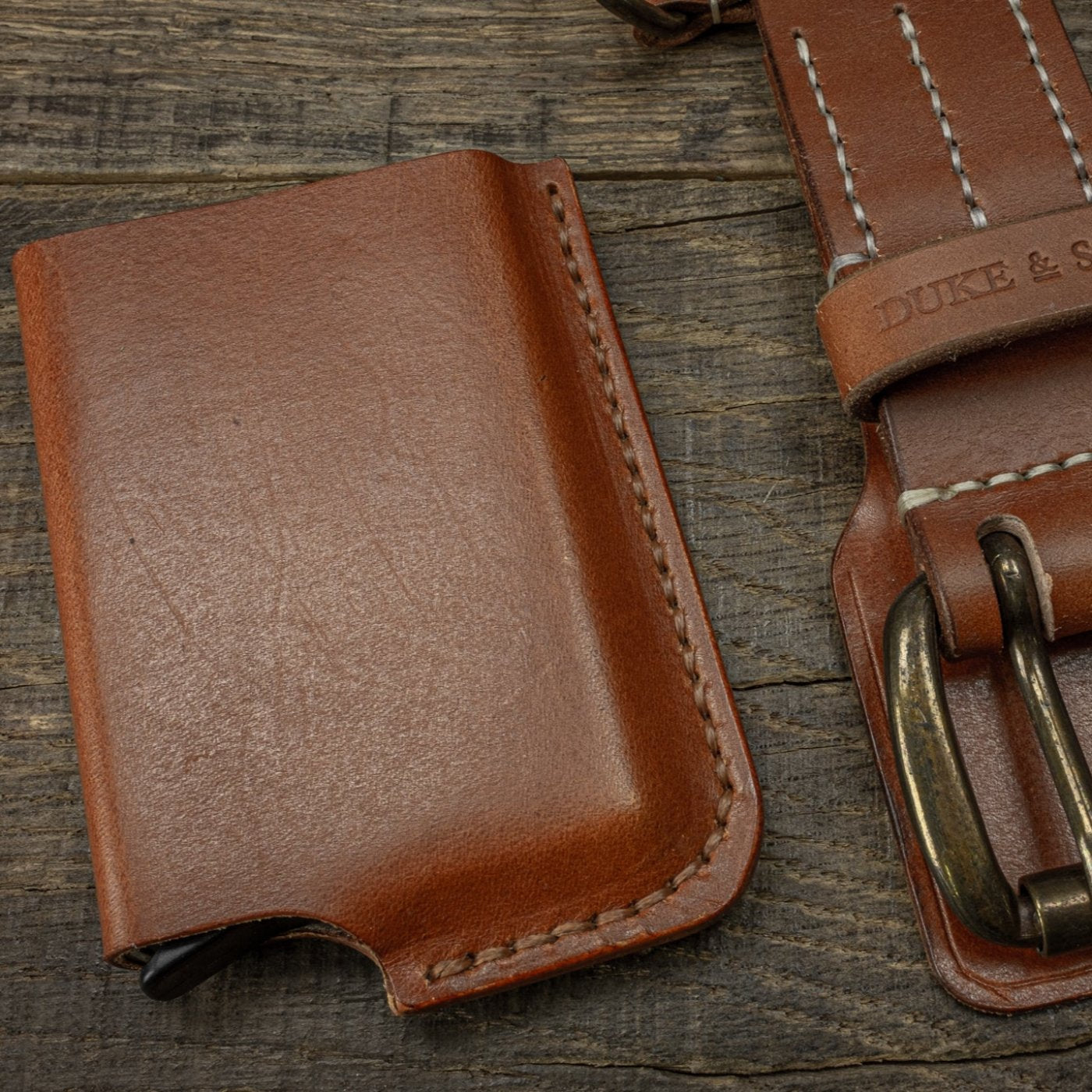 Card wallet, RFID safe for 10 cards in cognac leather with belt. - Duke & Sons Leather