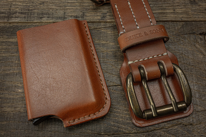 Card wallet, RFID safe for 10 cards in cognac leather with belt. - Duke & Sons Leather