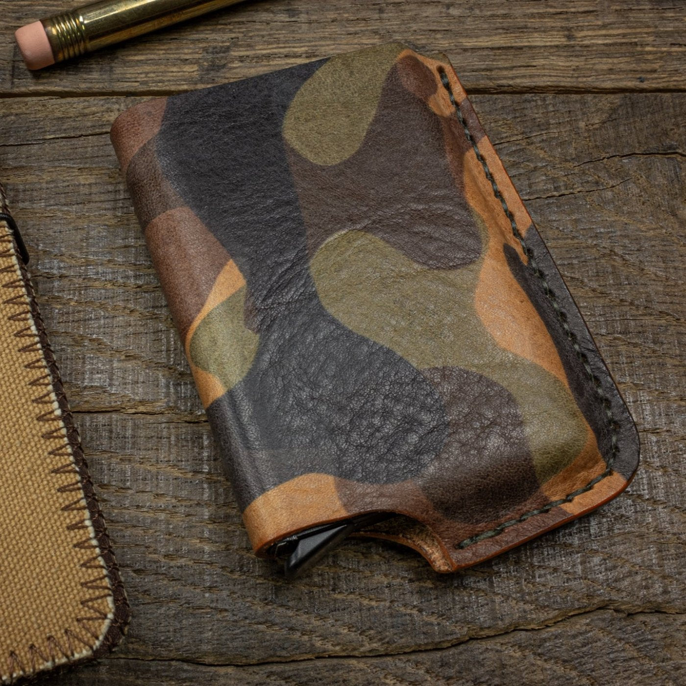 Card wallet, camo leather, RFID safe with aluminum insert with canvas notebook - Duke & Sons Leather