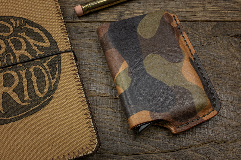 Card wallet, camo leather, RFID safe with aluminum insert with canvas notebook - Duke & Sons Leather