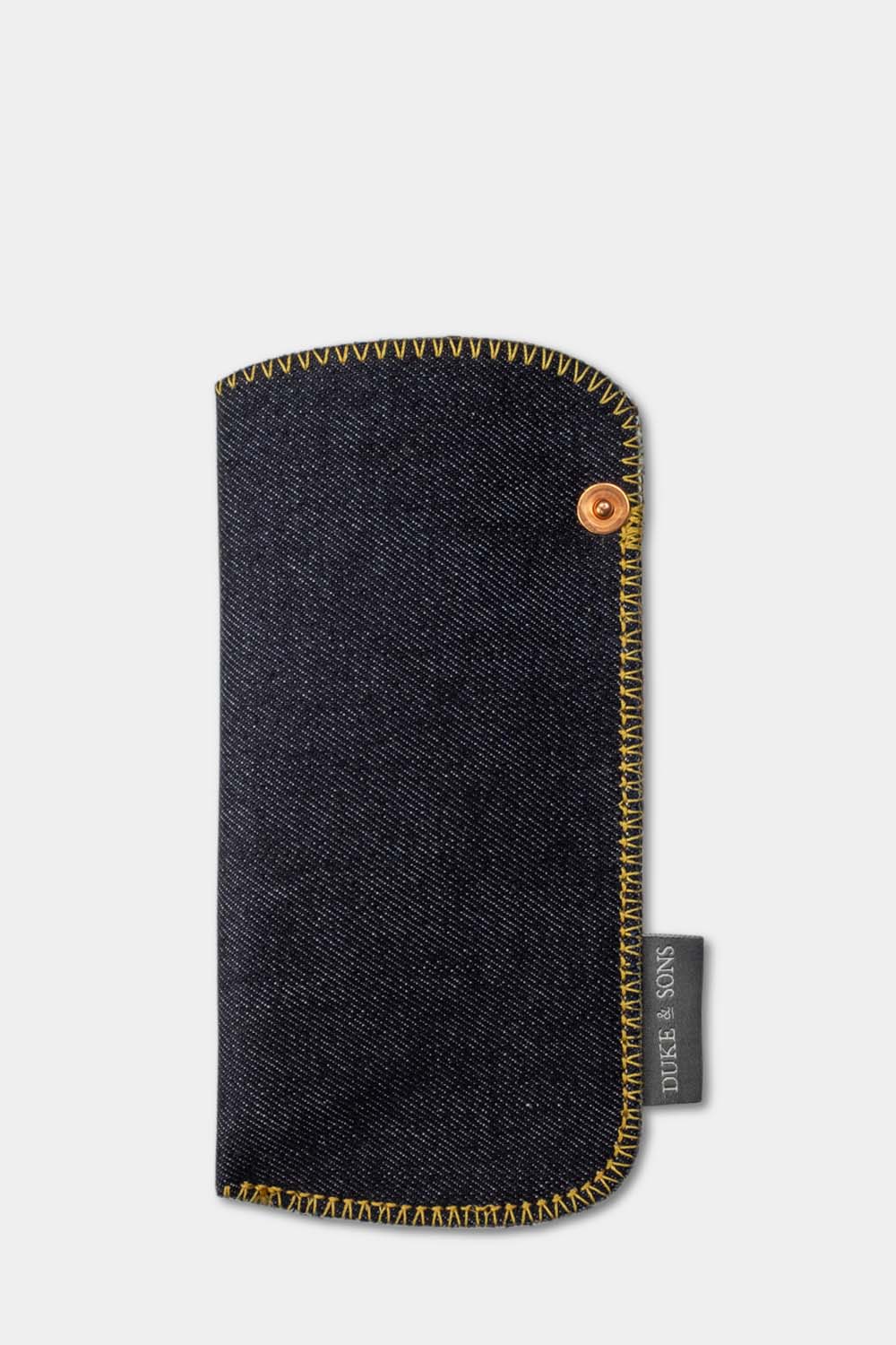 Selvedge denim sunglass pouch yellow stitch front