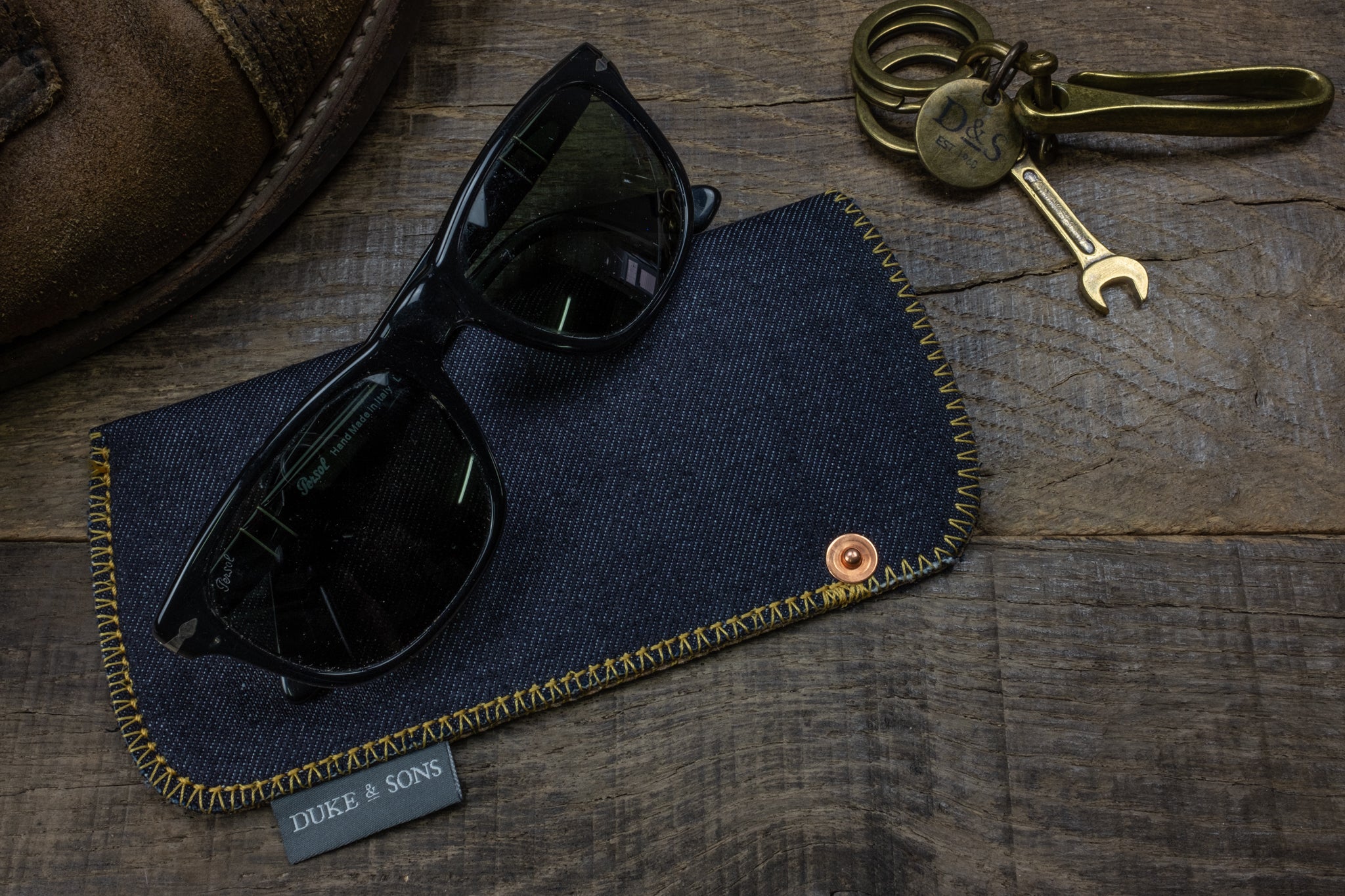 Selvedge denim sunglass pouch yellow stitch scene 2