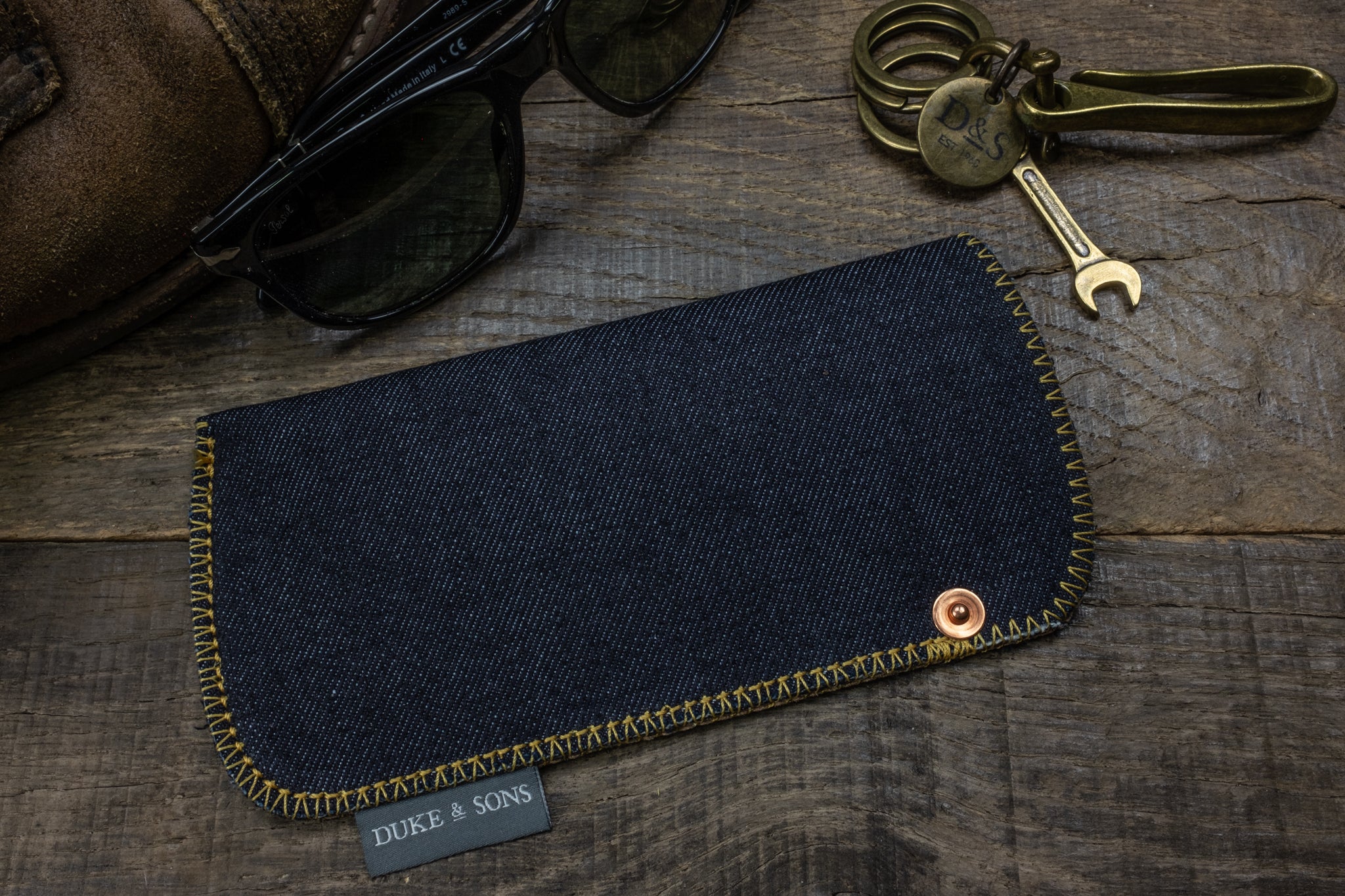 Selvedge denim sunglass pouch yellow stitch scene 3