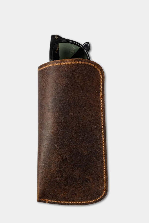 Distressed brown leather sunglass pouch glasses front