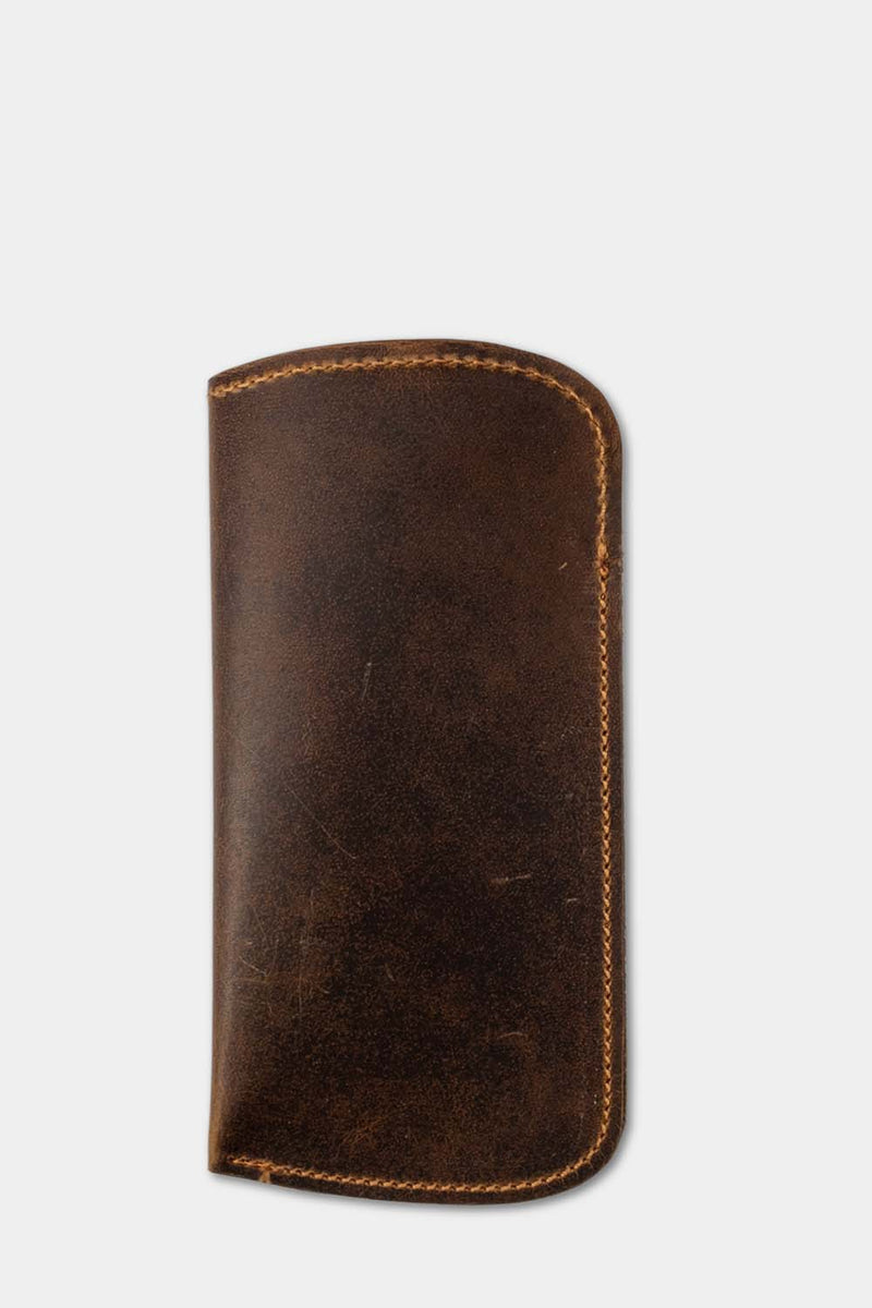 Distressed brown leather sunglass pouch front