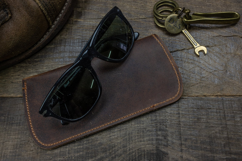 Distressed brown leather sunglass pouch glasses scene 2