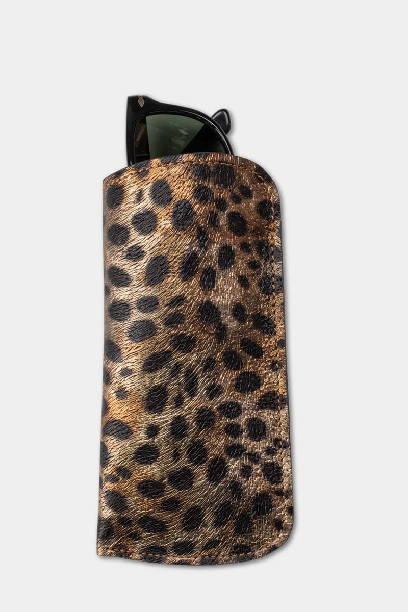 Leather sunglasses pouch with panther print glasses front
