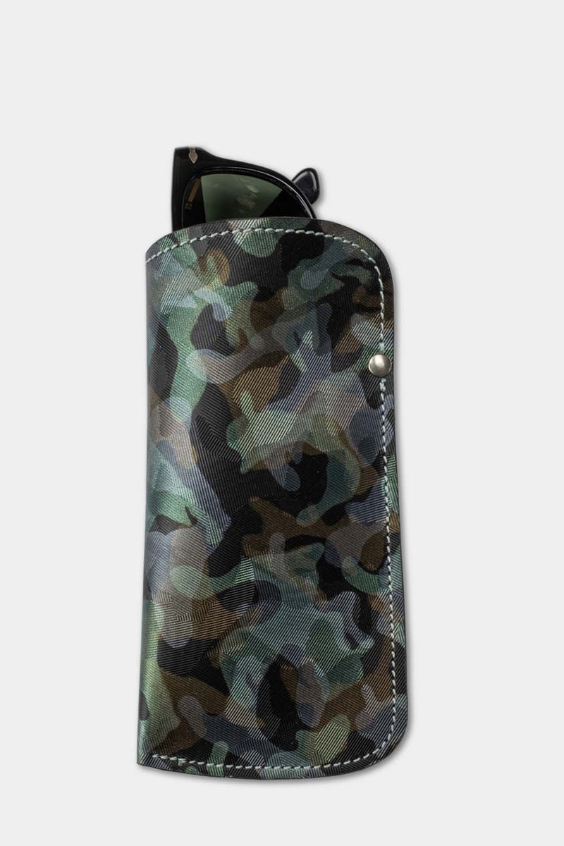 Leather sunglass pouch in space camo glasses front