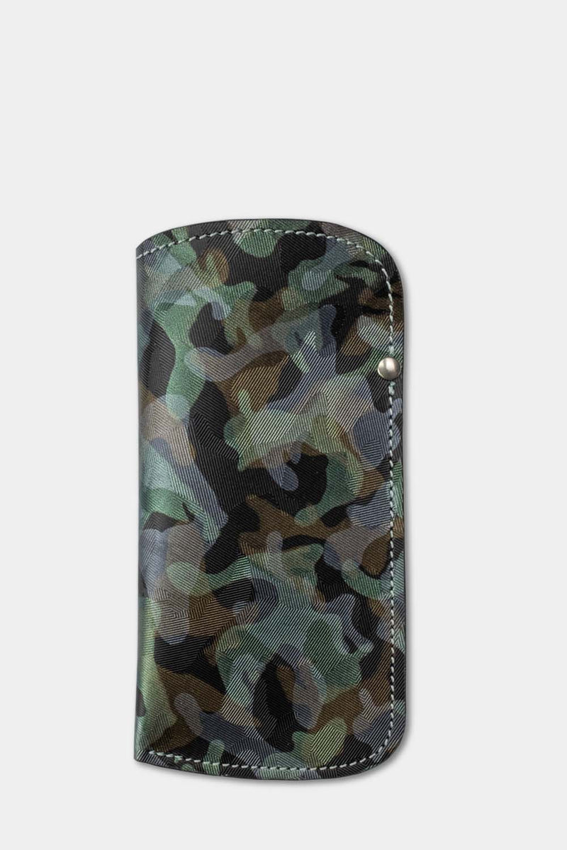 Leather sunglass pouch in space camo front