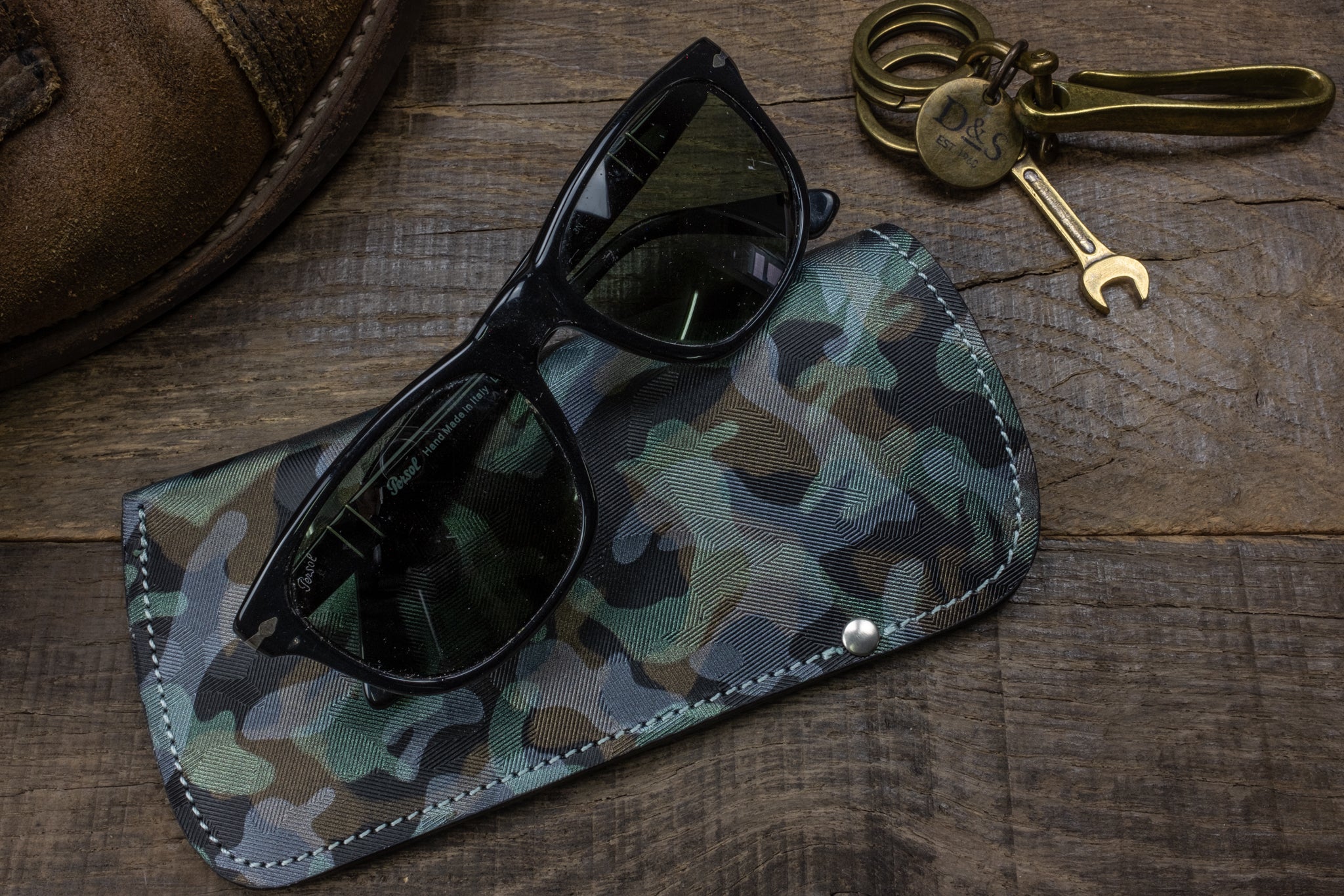 Leather sunglass pouch in space camo scene 1