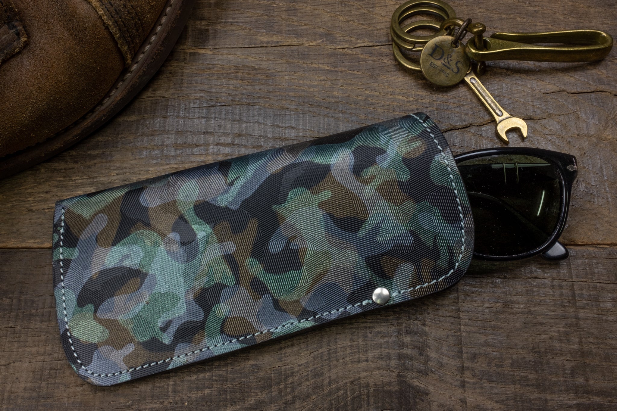 Leather sunglass pouch in space camo scene 2