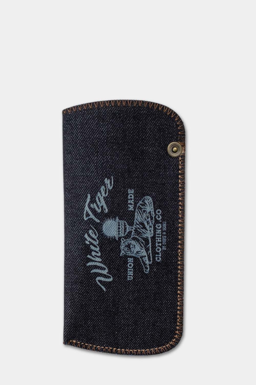 Selvedge denim sunglass pouch White Tiger front