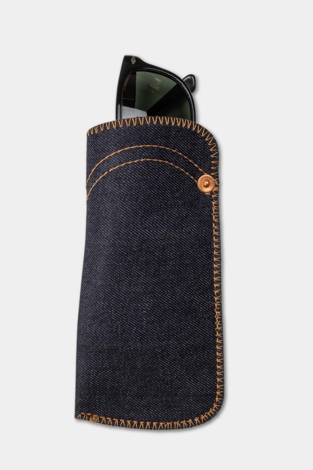 Selvedge denim sunglass pouch orange wing glasses front