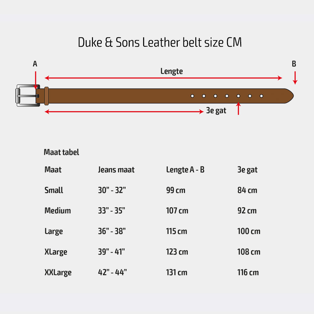 Duke & Sons Leather men's belt size chart in CM