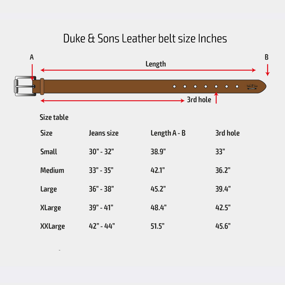 Duke & Sons Leather men's belt size chart in Inches