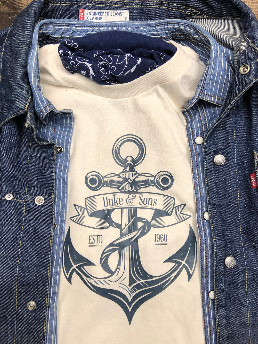 Duke and Sons Anchor T-shirt with Levi's jacket