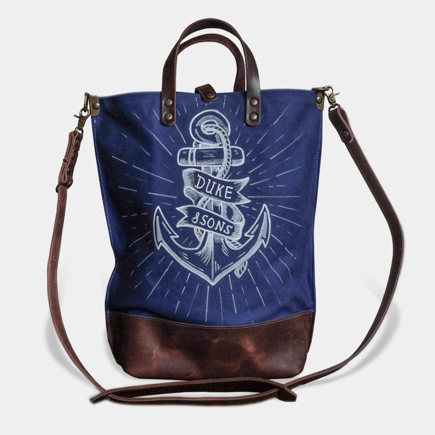 handmade blue canvas tote bag with white anchor image front