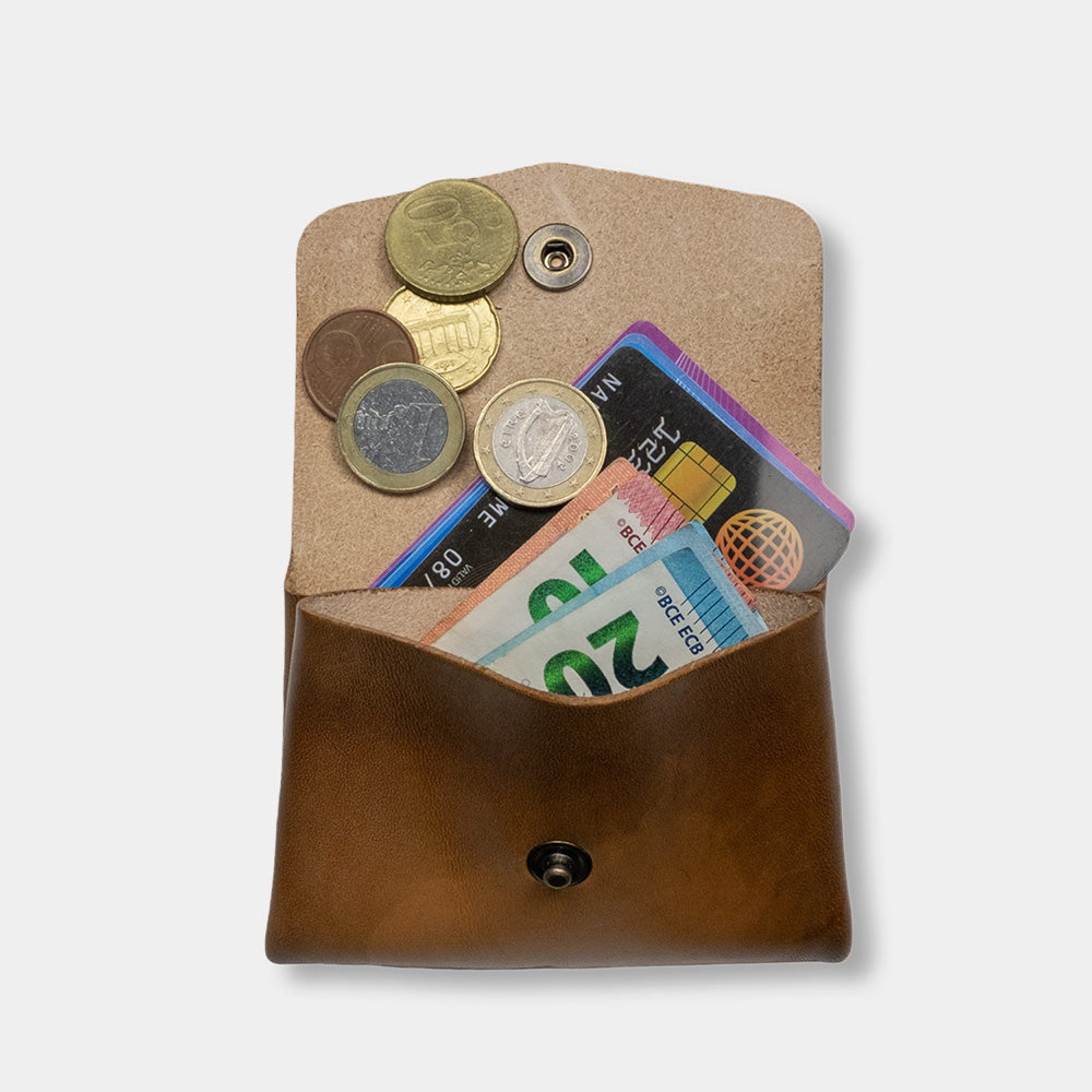 Pocket wallet Owl, open with money and cards, front view
