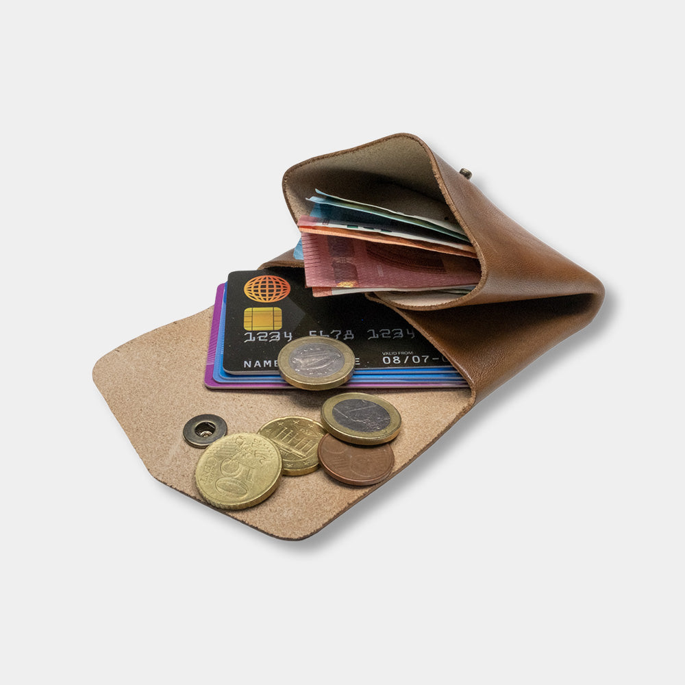 Pocket wallet Owl, open with money and cards, slanted view
