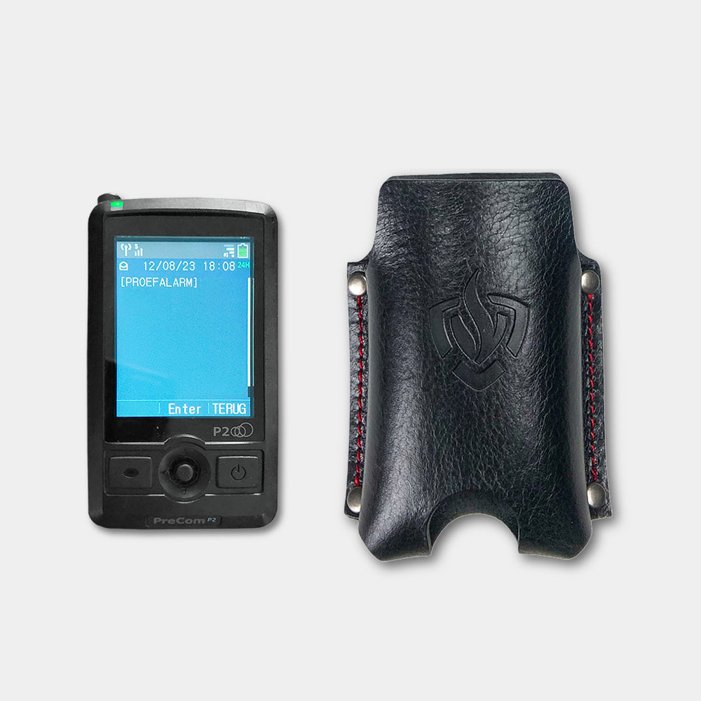 Precom P2 pager houder in zwart leer met P2 pager model staand, open