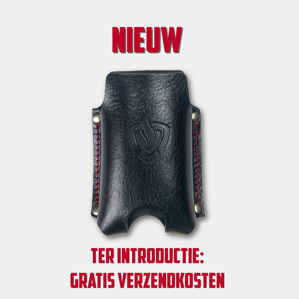 Precom P2 pager houder in zwart leer model staand, open
