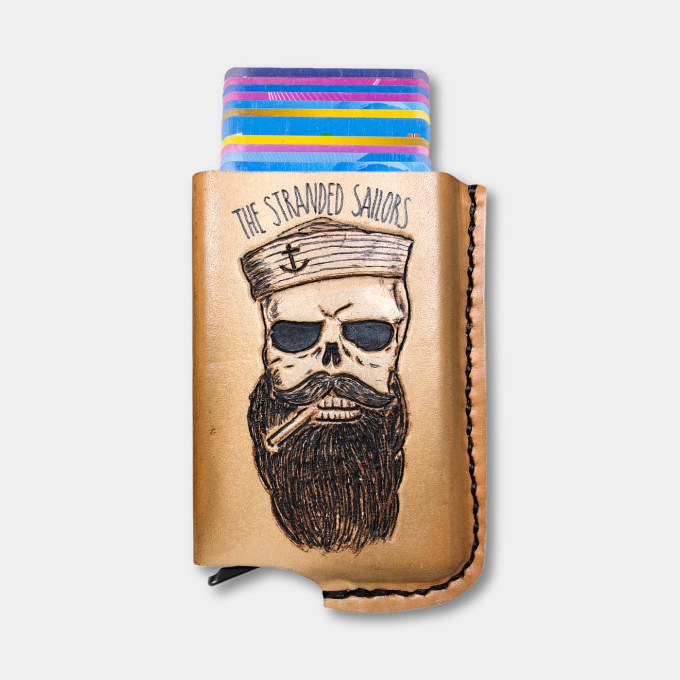 Card wallet, natural leather, RFID safe The Stranded Sailors, with 10 cards front. - Duke & Sons Leather