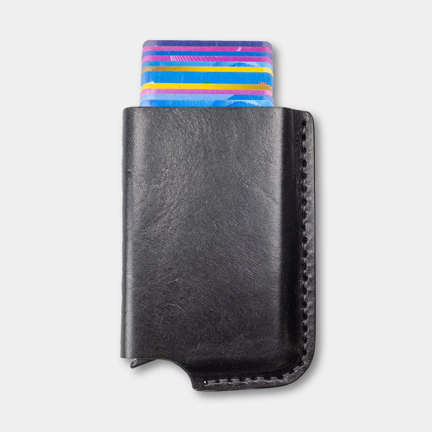 Card wallet, RFID safe with aluminum insert for 10 cards front in black leather.  cards out - Duke & Sons Leather