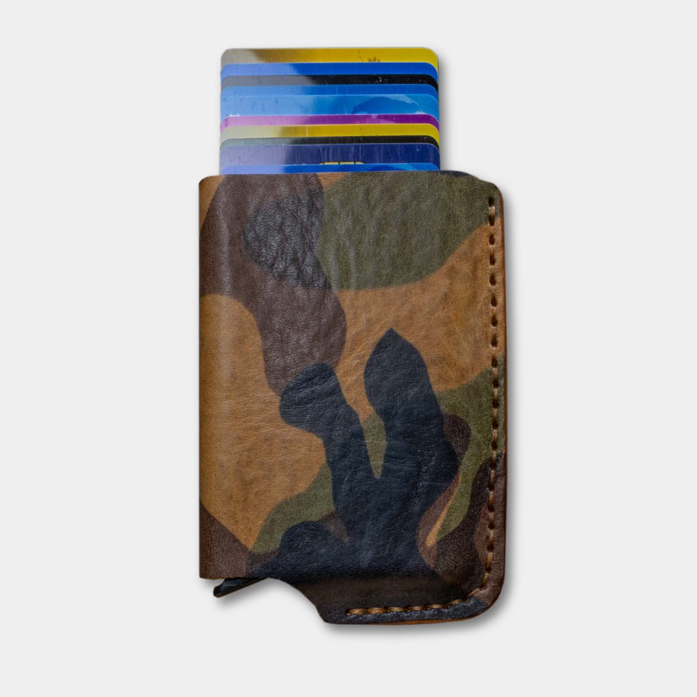 Card wallet, camo leather, RFID safe with aluminum insert for 10 cards front. cards out - Duke & Sons Leather