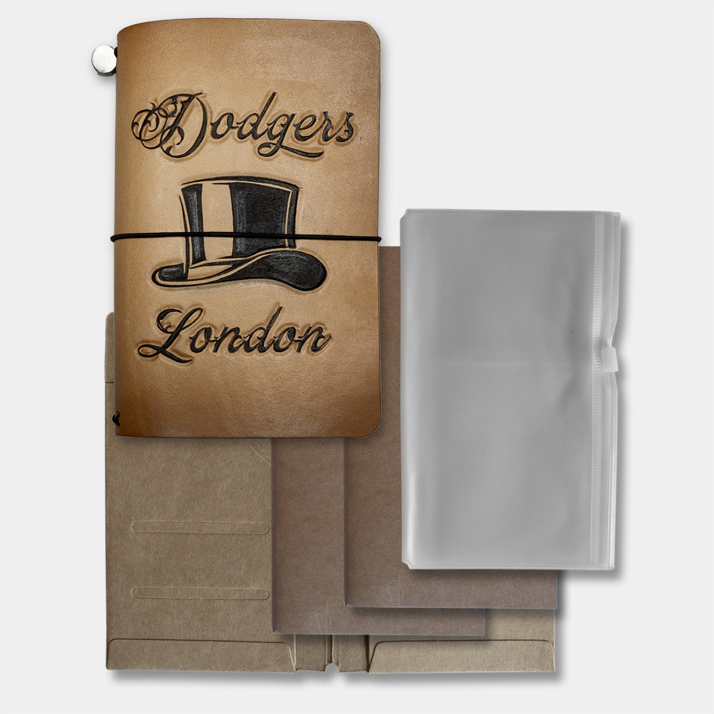 Duke and Sons vegetan leather Traveler notebook with custom logo and parts