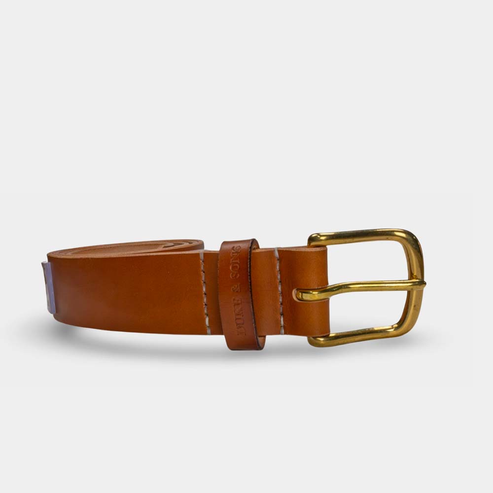 Cognac leather belt with solid brass buckle 40mm front 2, Duke & Sons Leather