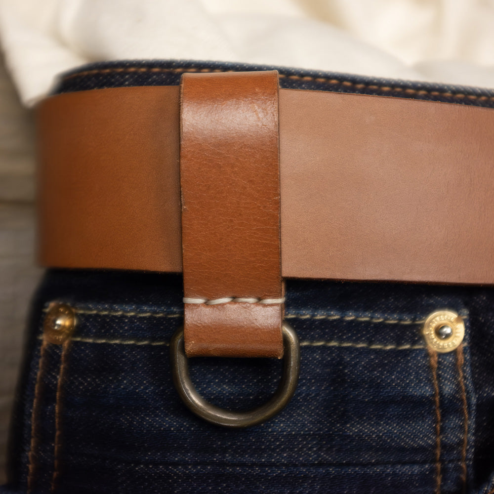 Heavy Duty leather belt in cognac with extra belt loop close up Duke & Sons Leather