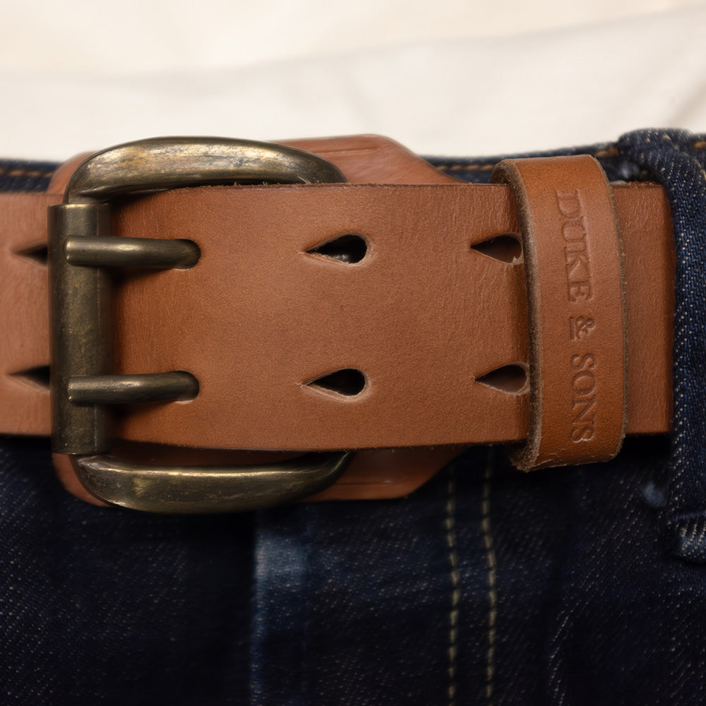 Heavy Duty leather belt in cognac with extra belt loop wear front, Duke & Sons Leather
