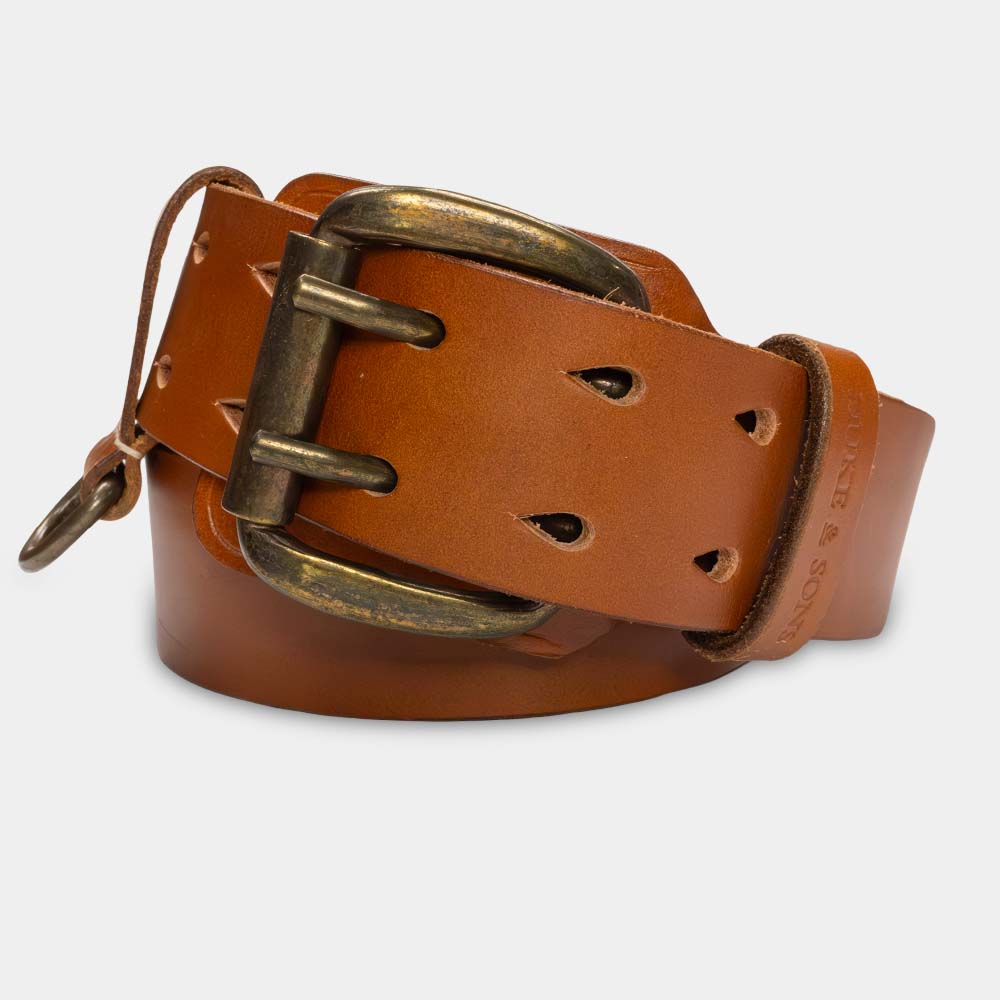 Heavy Duty leather belt in cognac with extra belt loop front 1, Duke & Sons Leather