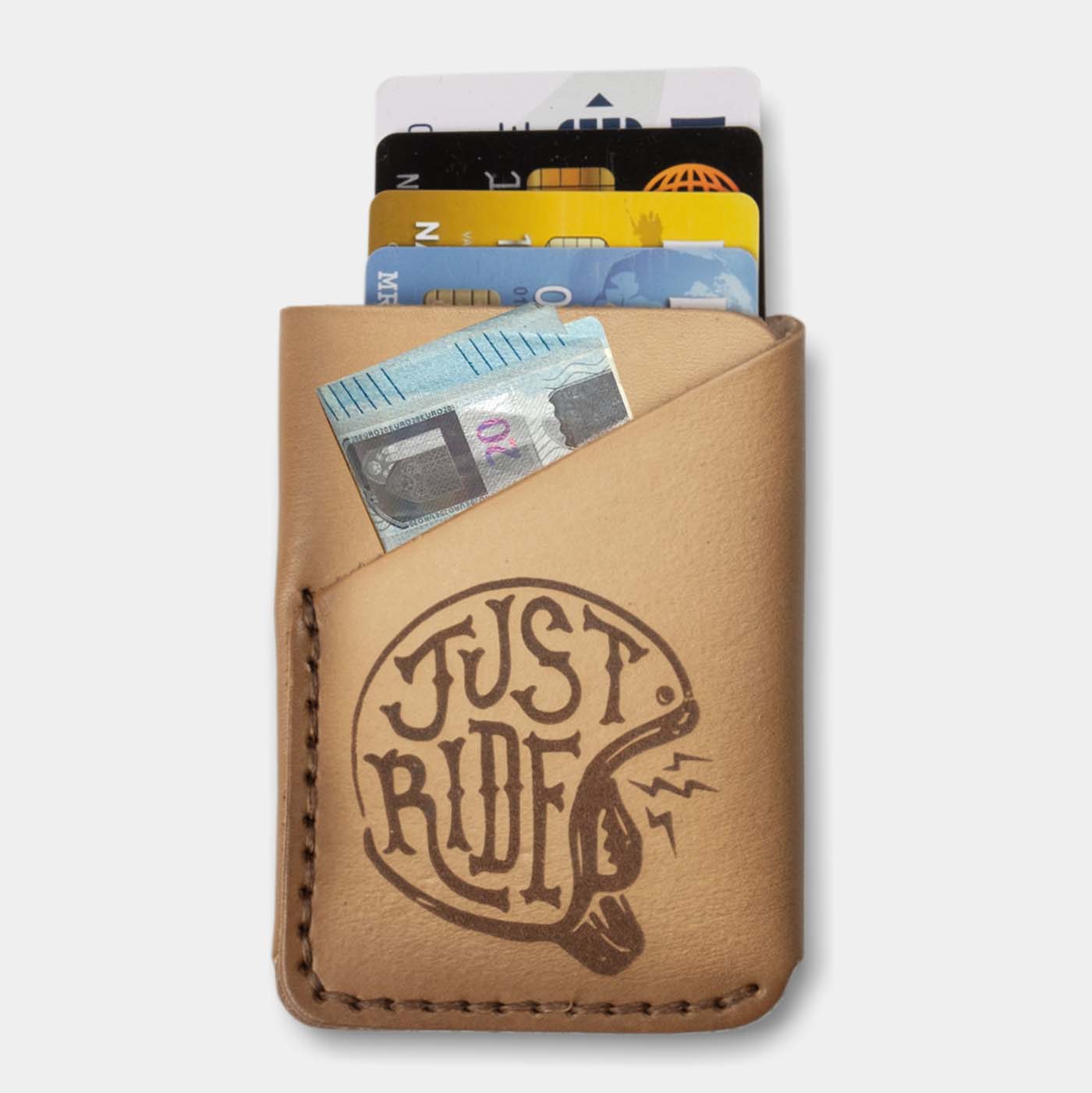 folded pocket wallet, airbrushed, natural leather 'Just Ride' front with cards