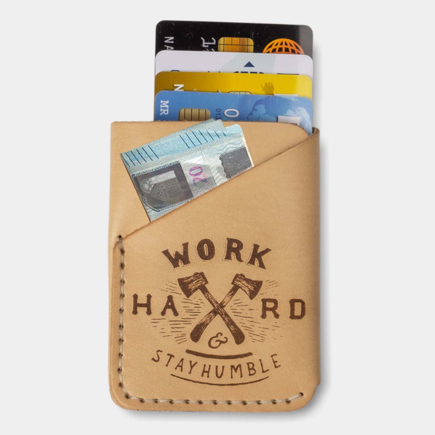 folded pocket wallet, natural leather 'Work Hard' front with cards