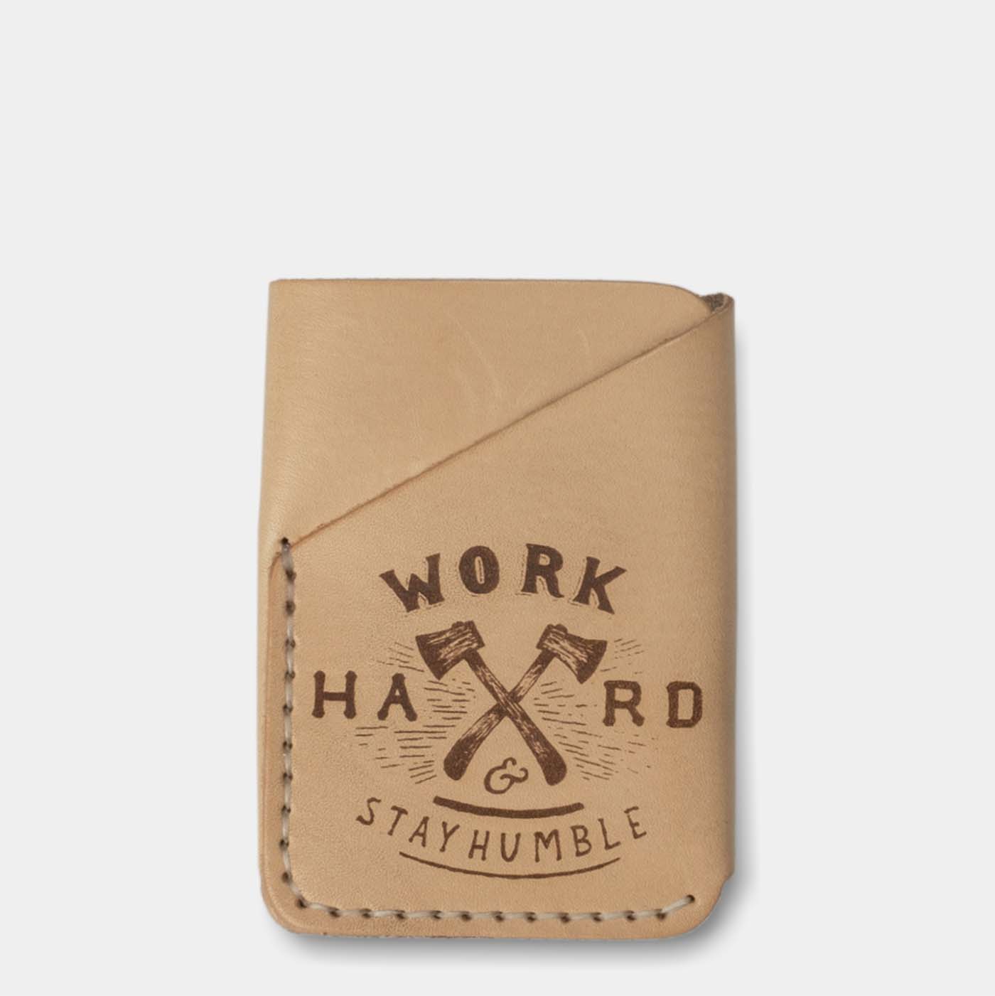 folded pocket wallet, natural leather 'Work Hard' front