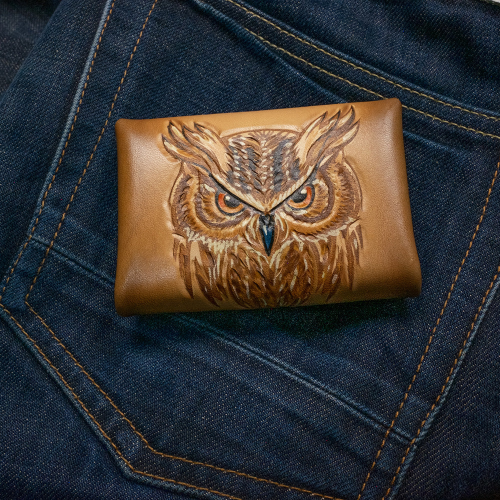 Pocket wallet Owl, closed on denim, back- image view
