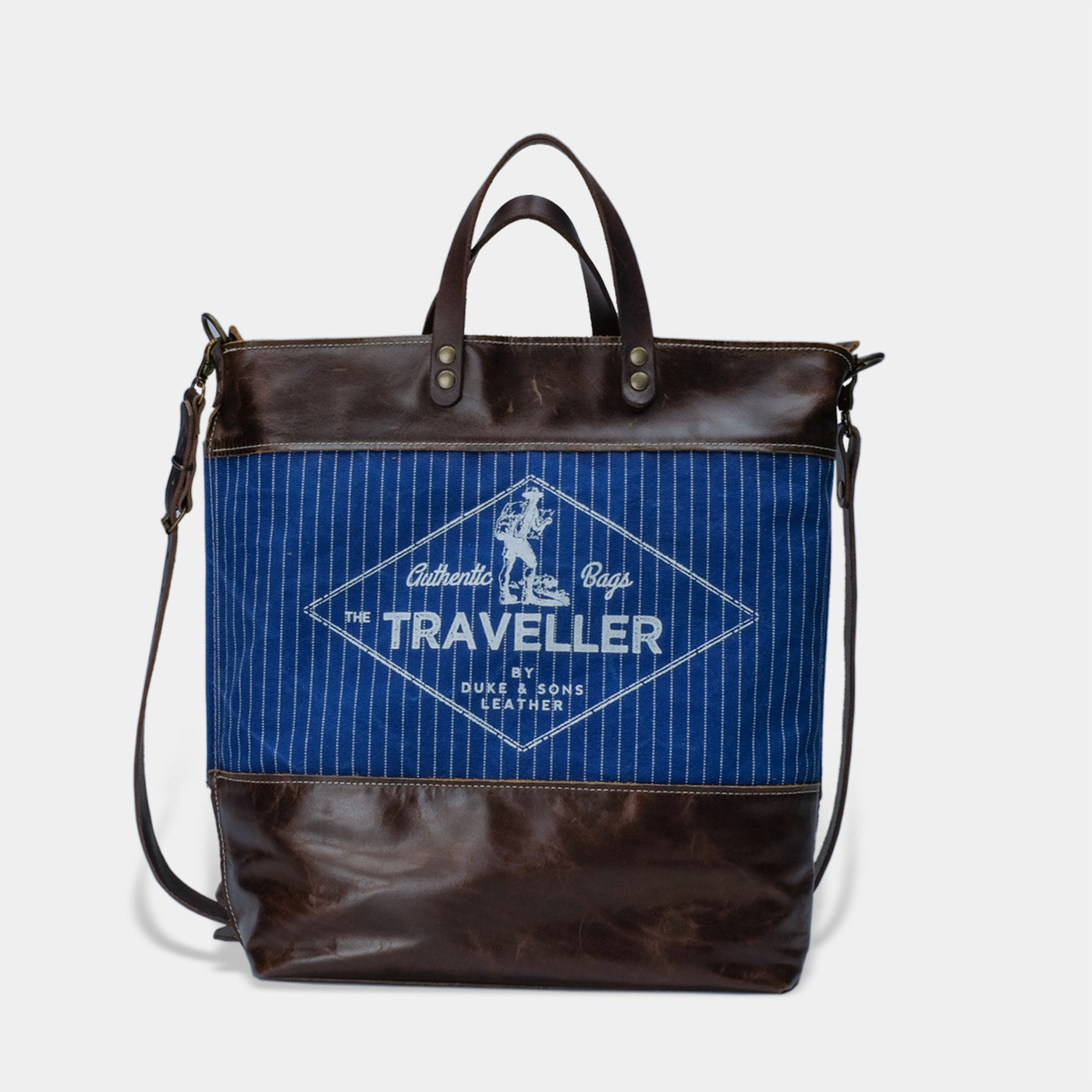 handmade leather and Wabash tote bag with Traveller image front