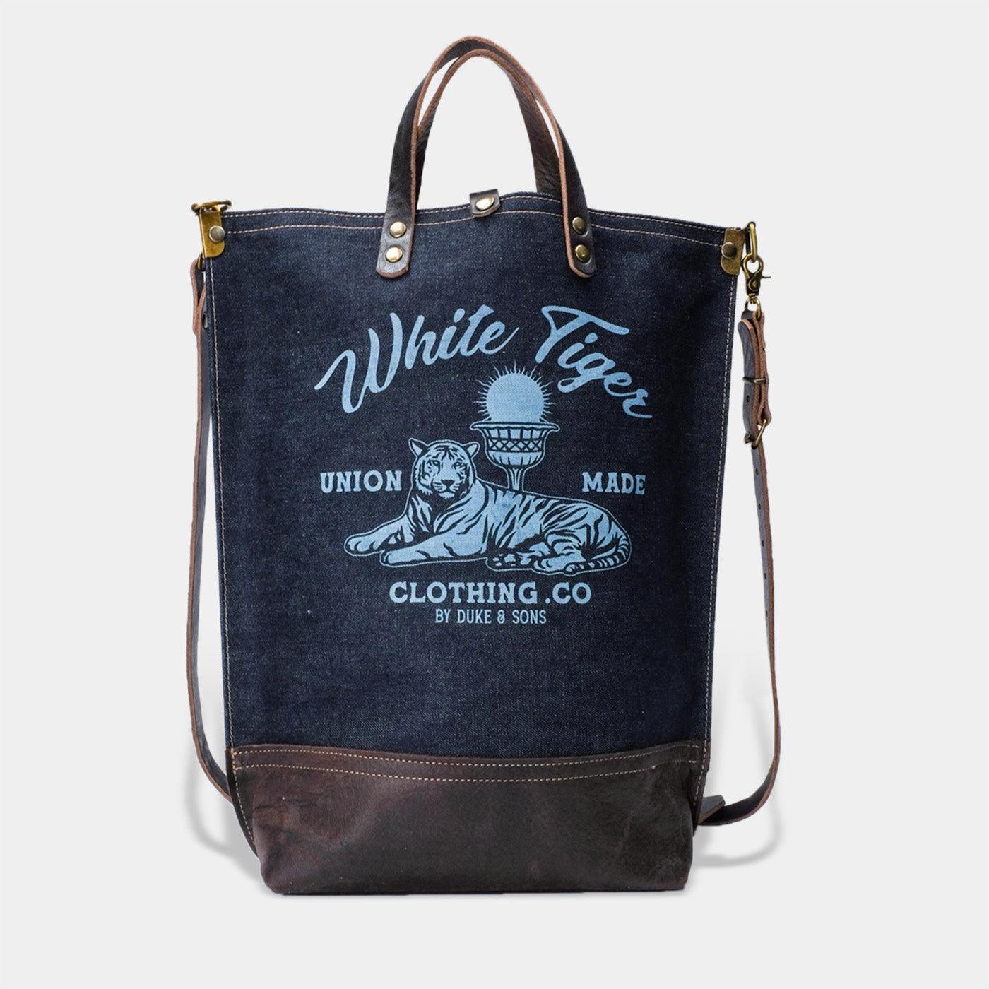 selvedge denim tote bag, laser engraved logo White Tiger front