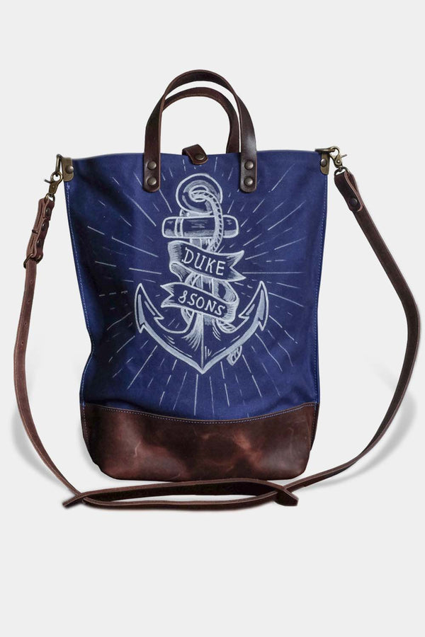 handmade blue canvas tote bag with white anchor image front