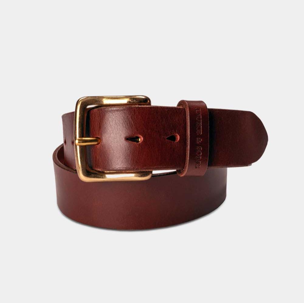 red brown leather belt with solid brass buckle 40mm front 1, Duke & Sons Leather