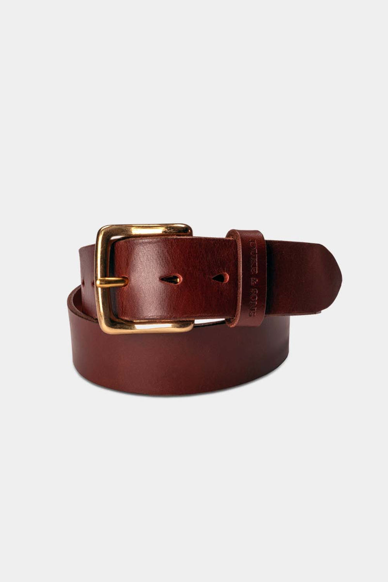 red brown leather belt with solid brass buckle 40mm front 1, Duke & Sons Leather