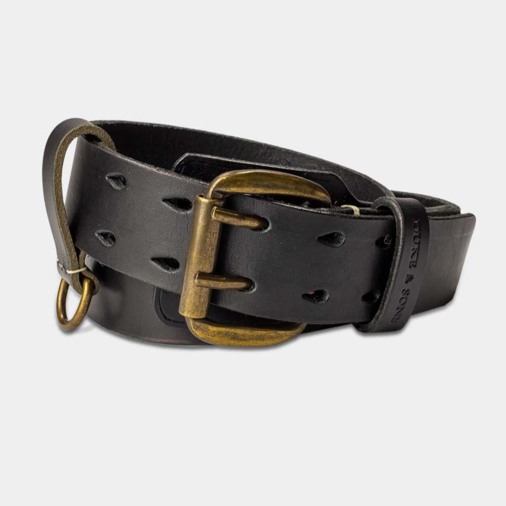 Heavy Duty leather belt in black with extra belt loop front 1, Duke & Sons Leather