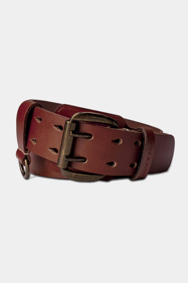 Heavy Duty leather belt in red brown with extra belt loop front 1, Duke & Sons Leather