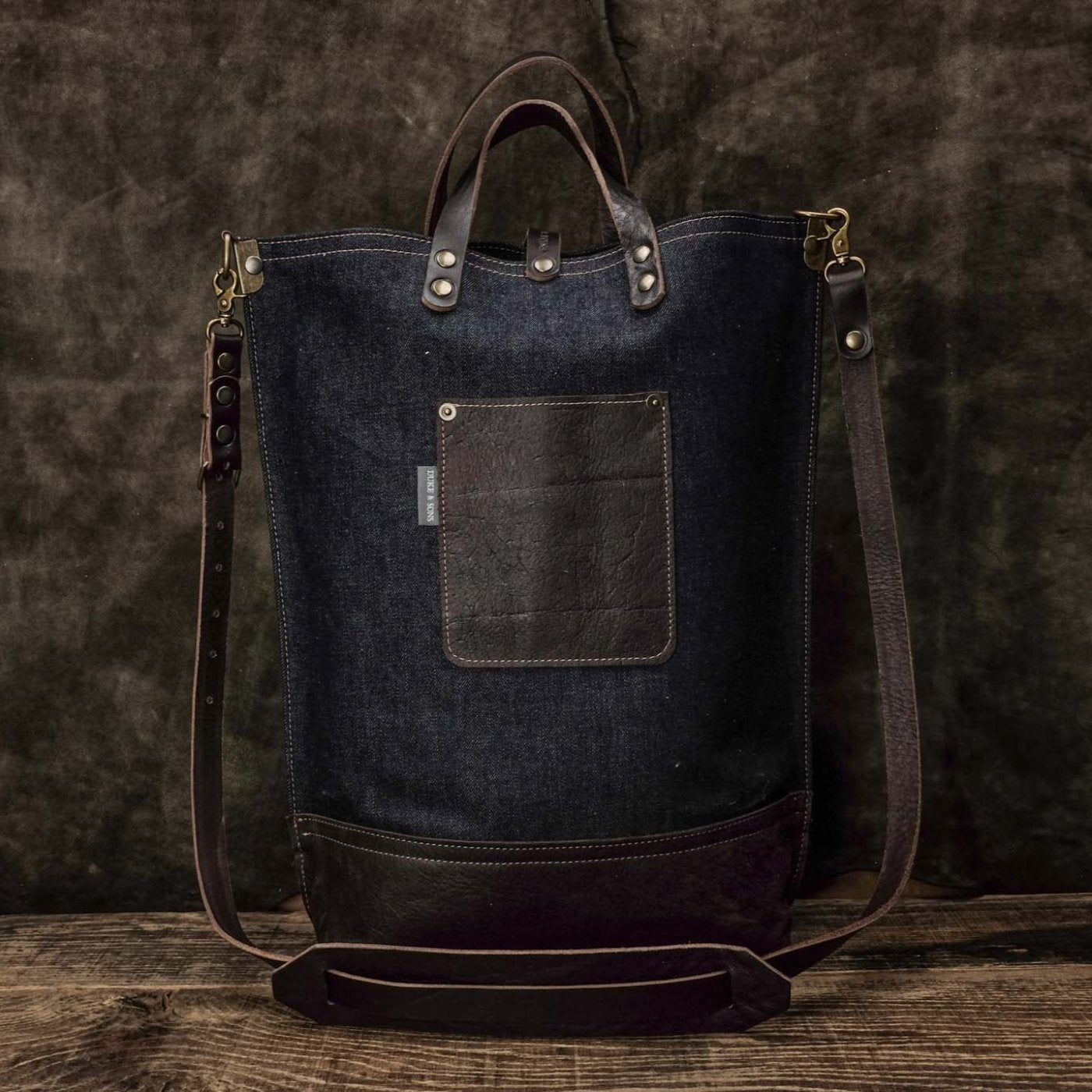 selvedge denim tote bag, hand drawn logo born to ride scene back