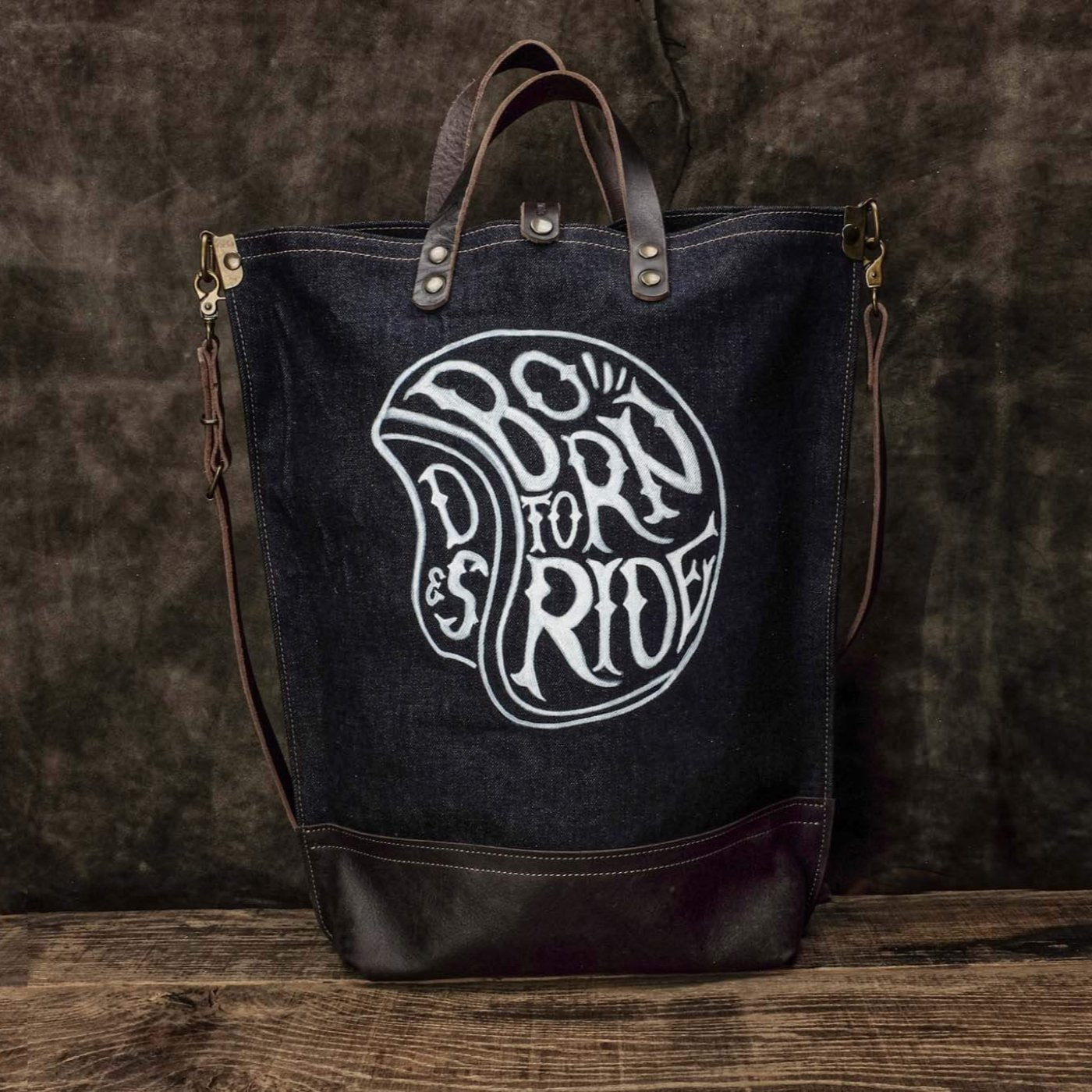 selvedge denim tote bag, hand drawn logo born to ride scene front